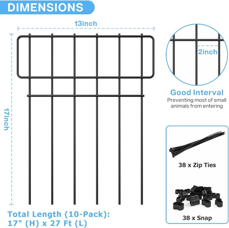 Photo 1 of 19 Pack Animal Barrier Garden Fence for Dogs Rabbit Pet, Outdoor Heavy-Duty Metal No Dig Decorative Garden Fencing Flowers Small Yard Wire Fence Stakes Border, 17 in(H) x 27 Ft(L) Total Length
