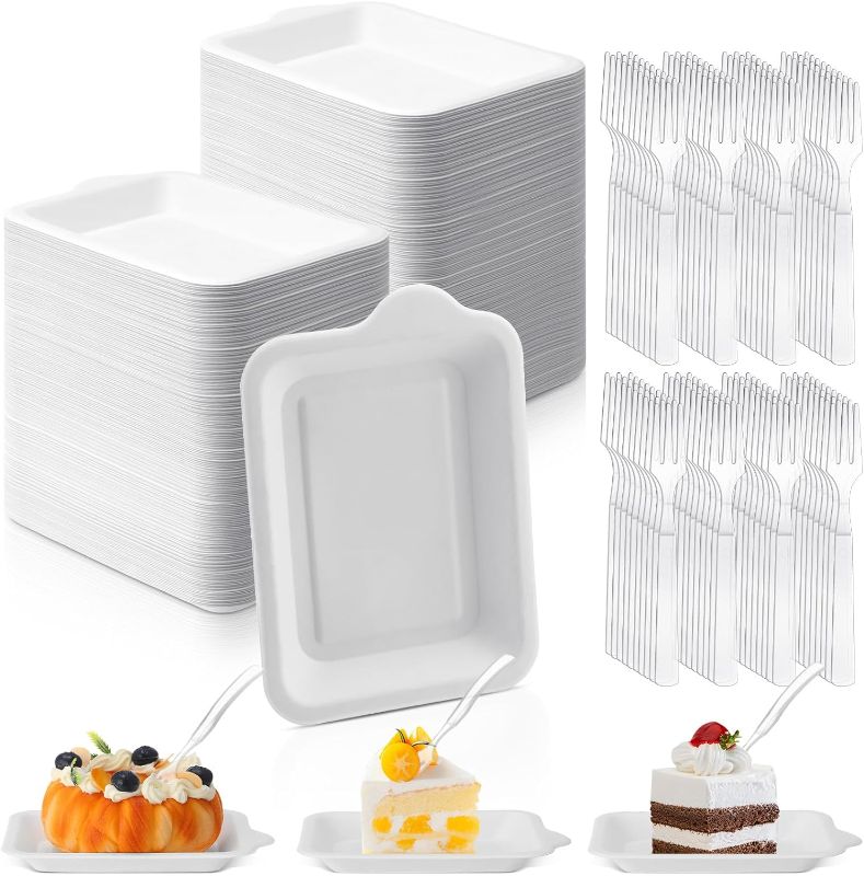 Photo 1 of mini size---Eaasty 150 Pcs Small Paper Plates 4 x 6 Inch Dessert Plates Bulk with 150 Clear Plastic Forks Disposable Square Paper Plates Small White Snack Dessert Plates for Dessert Salad Appetizer Wedding Party
