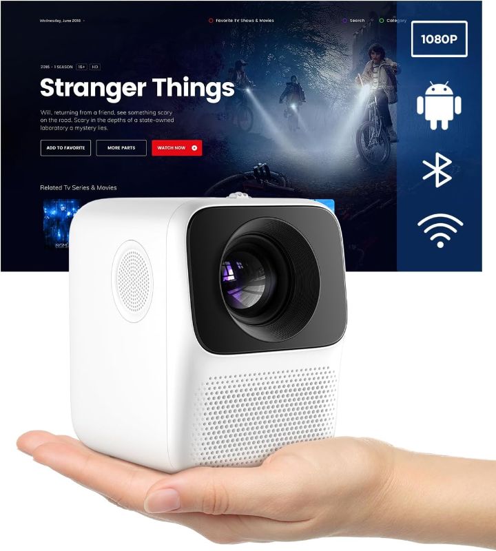 Photo 1 of POKITTER Upgraded Orca Mini Portable Projector with WiFi and Bluetooth, Android TV 9.0 with 5000+ Apps, 9000 Lumens, Native 1080P & 4K Supported, 4D Keystone Correction, 6W Speaker, 120" Image, HDR 10
