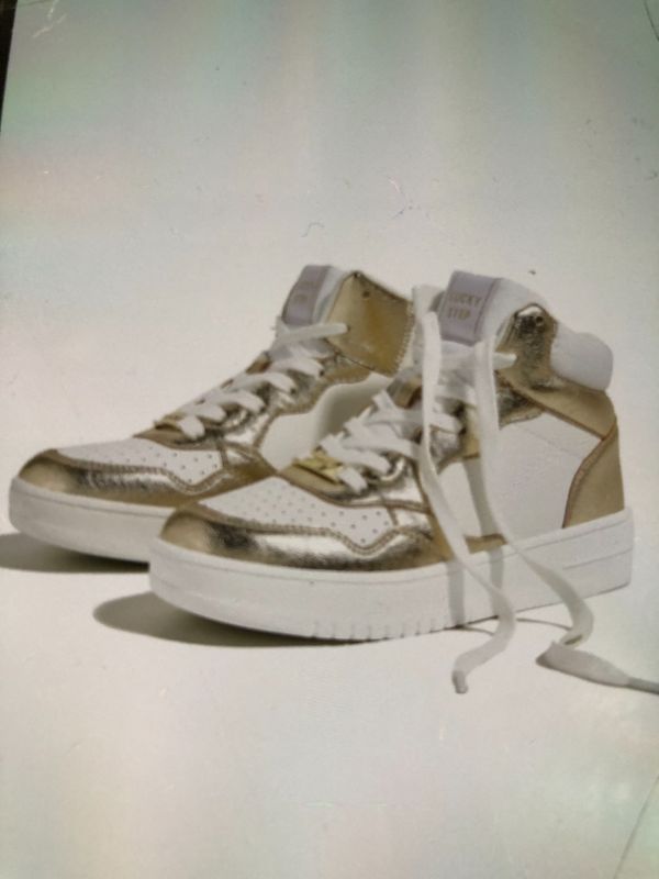 Photo 1 of 9.5---LUCKY STEP WOMENS HIGH TOP PLATFORM SNEAKERS GOLD/WHITE  
