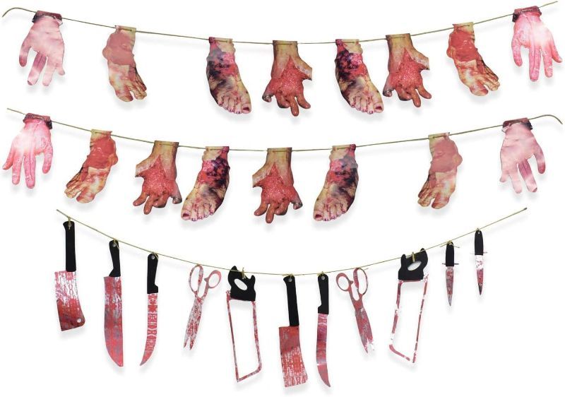 Photo 1 of 15PACK-----ZEEDIX 3 SET SCARY HALLOWEEN BLOODY PARTY BANNER- HALLOWEEN FAKE HANDS FEET BANNERS FOR ZOMBIE VAMPIRE HALLOWEEN PARTY DECORATIONS SUPPLIES HAUNTED HOUSES OUTDOOR YARD WALL DOORWAYS DÉCOR
