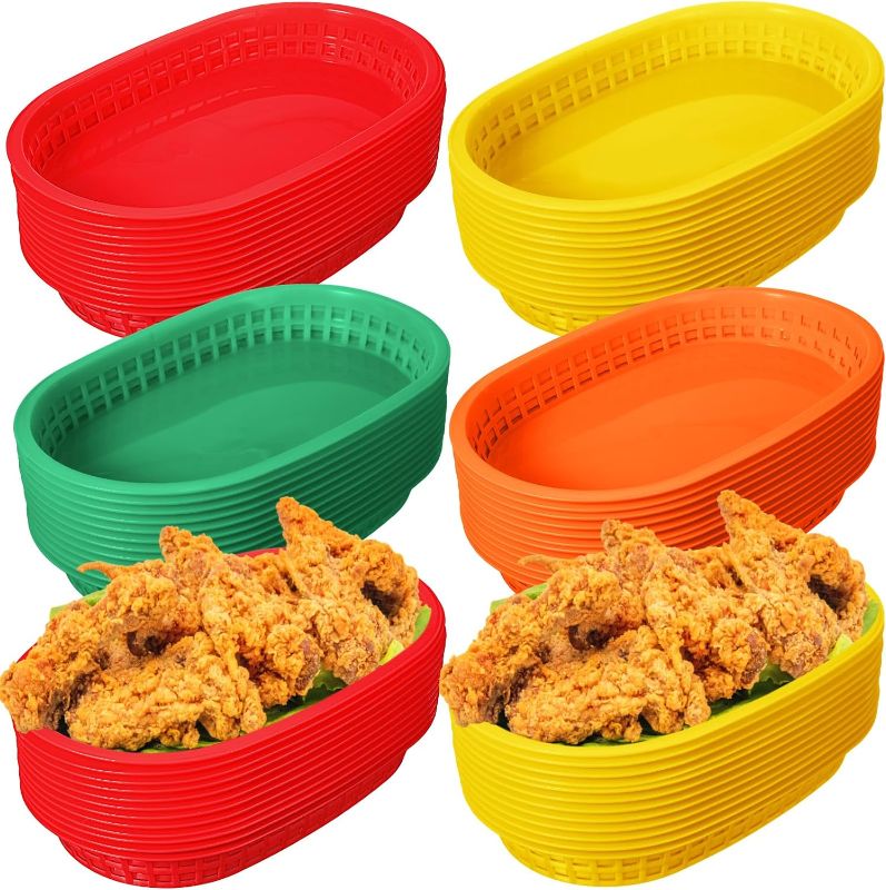 Photo 1 of 48 Pcs Fast Food Baskets for Serving Deli Basket Plastic 10.5x7x1.2 Inch Large Oval Chips Basket Reusable Halloween Mexico Fiesta Basket for Restaurant Picnic Party (Red, Orange, Green, Yellow)
