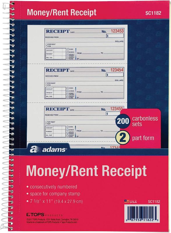 Photo 1 of Adams Money and Rent Receipt Book, 2-Part Carbonless, 7-5/8" x 11", Spiral Bound, 200 Sets per Book, 4 Receipts per Page (SC1182), White/Canary