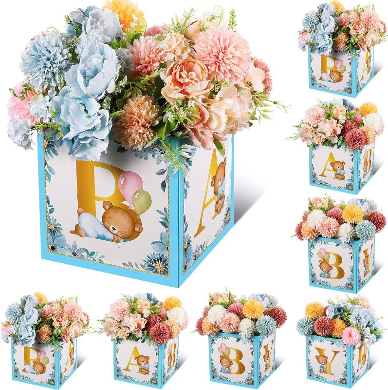 Photo 1 of 8 Pcs Baby Shower Centerpiece Floral Baby Decoration Flower Box with Letters Safari Jungle Animal Box Party Arrangement Favor Block Holder for Birthday Gender Reveal Table Display, 7 Inch (Bear Style)