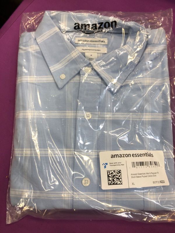 Photo 2 of Amazon Essentials Men's Regular-Fit Short-Sleeve Pocket Oxford Shirt X-Large Blue Windowpane