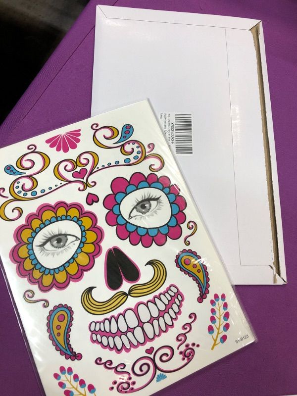 Photo 3 of 10 Sheets Day of the Dead Face Tattoos, Temporary Sugar Skull Face Tattoo, Skeleton Face Tattoo Sticker, Halloween Full Face Mask Makeup Kit for Women and Men