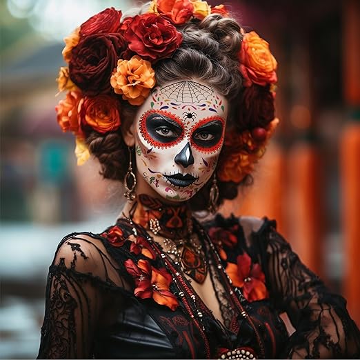 Photo 1 of 10 Sheets Day of the Dead Face Tattoos, Temporary Sugar Skull Face Tattoo, Skeleton Face Tattoo Sticker, Halloween Full Face Mask Makeup Kit for Women and Men