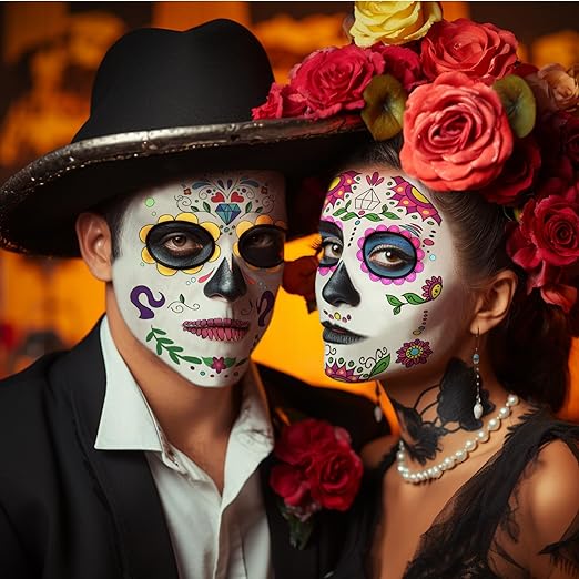 Photo 2 of 10 Sheets Day of the Dead Face Tattoos, Temporary Sugar Skull Face Tattoo, Skeleton Face Tattoo Sticker, Halloween Full Face Mask Makeup Kit for Women and Men