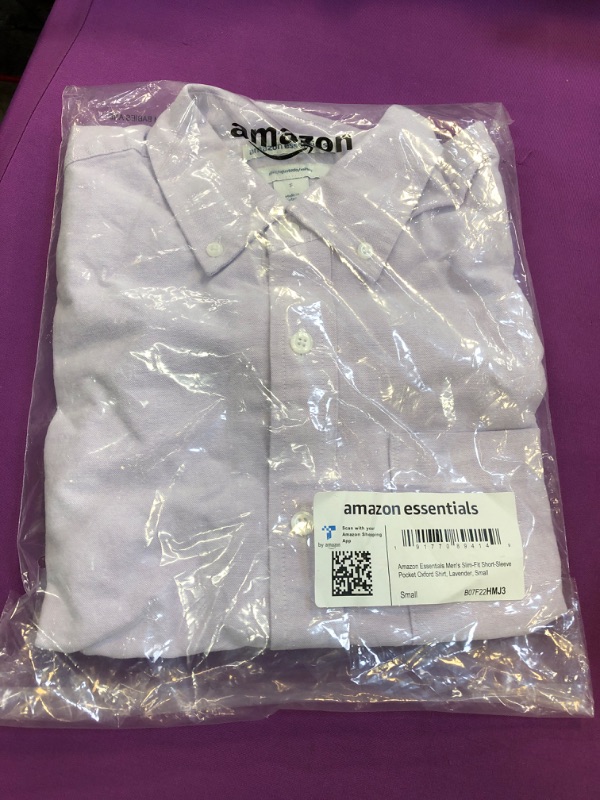 Photo 2 of Amazon Essentials Men's Slim-Fit Short-Sleeve Pocket Oxford Shirt Small Lavender