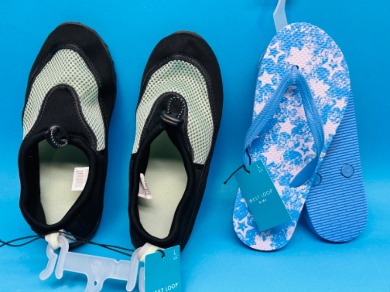 Photo 1 of 685846…kids size L 4-5 aqua shoes and flip flops 