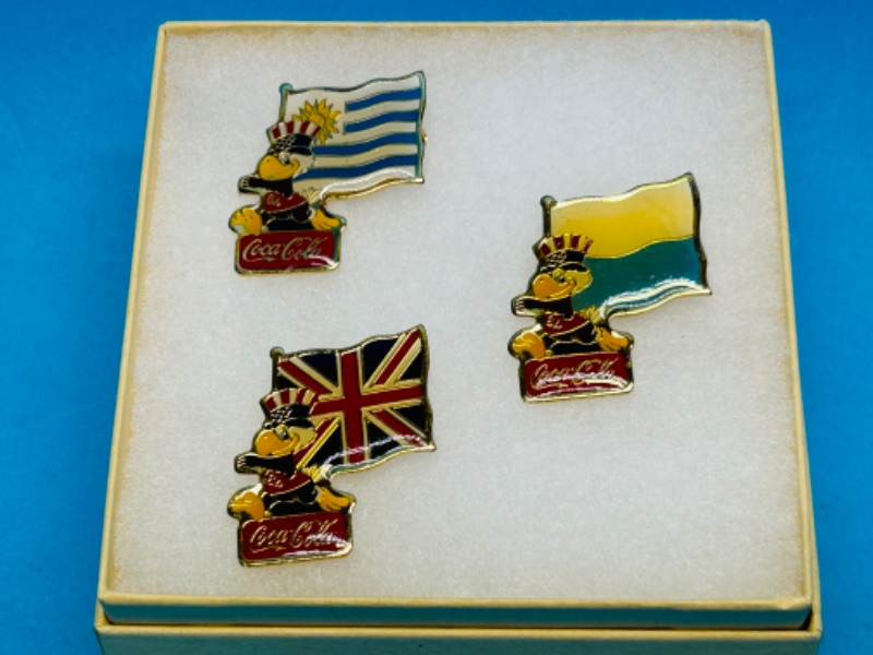 Photo 1 of 686349…3 vintage Coca Cola Olympic flag pins in gift box 