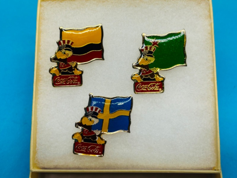 Photo 1 of 686350… 3 vintage Coca Cola Olympic flag pins in gift box 