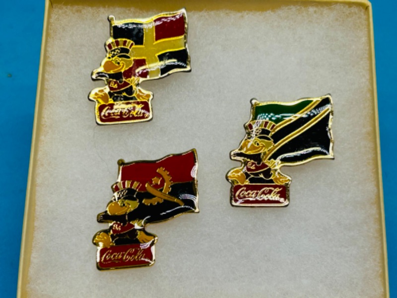 Photo 1 of 686351… 3 vintage Coca Cola Olympic flag pins in gift box 