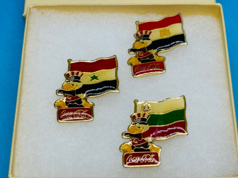 Photo 1 of 686353… 3 vintage Coca Cola Olympic flag pins in gift box 