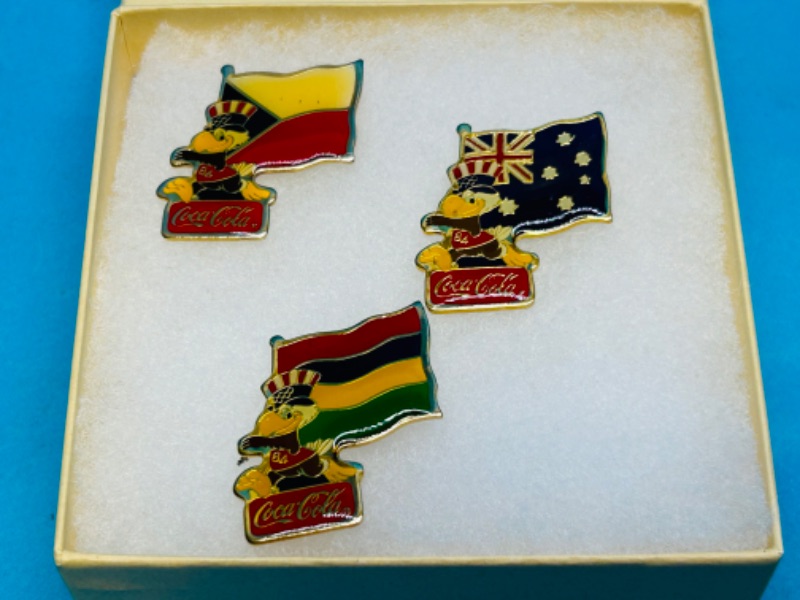 Photo 1 of 686354… 3 vintage Coca Cola Olympic flag pins in gift box 