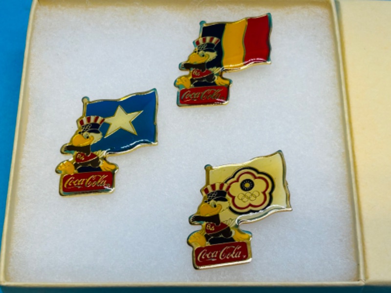 Photo 1 of 686355… 3 vintage Coca Cola Olympic flag pins in gift box 