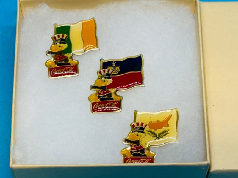 Photo 1 of 686356… 3 vintage Coca Cola Olympic flag pins in gift box 