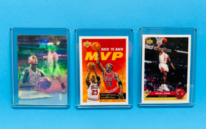 Photo 1 of 686395… 3 Michael Jordan trading cards in hard plastic sleeves 