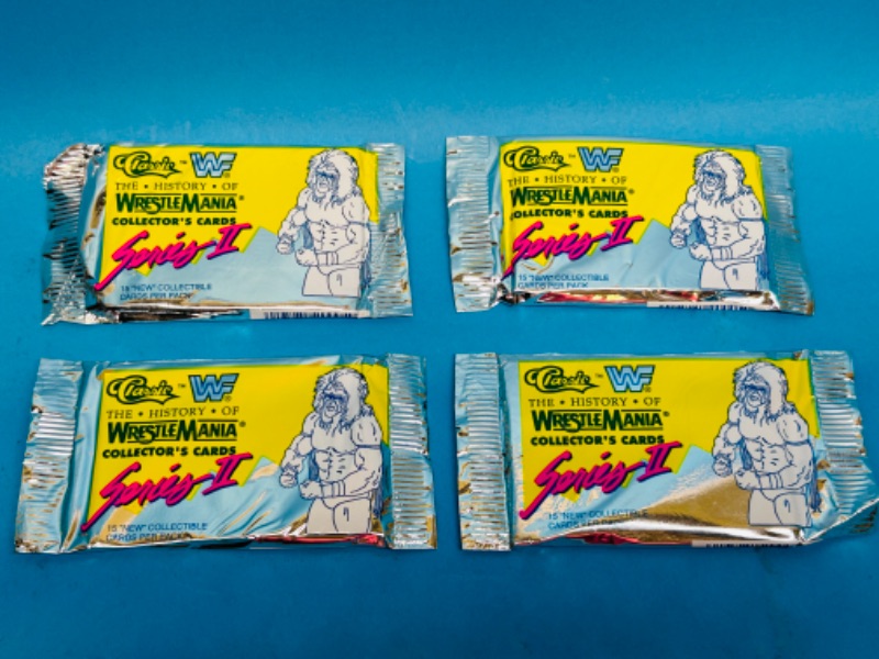 Photo 1 of 686410… 4 sealed vintage classic WWF wrestle mania series II card packs-15 cards per pack
