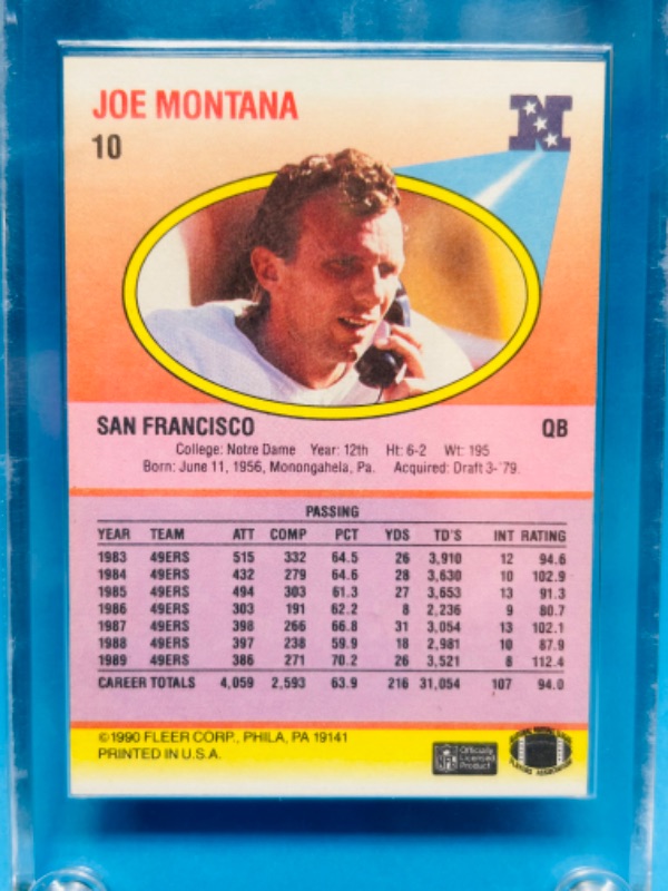 Photo 3 of 686423…Error card- Joe Montana card 10 with yards and touchdowns reversed on back in hard plastic case