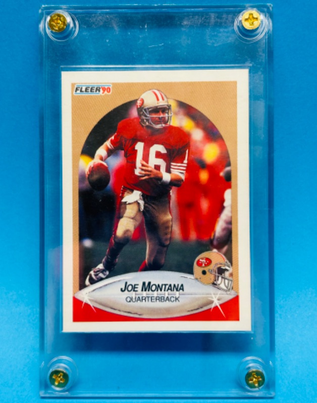 Photo 1 of 686423…Error card- Joe Montana card 10 with yards and touchdowns reversed on back in hard plastic case