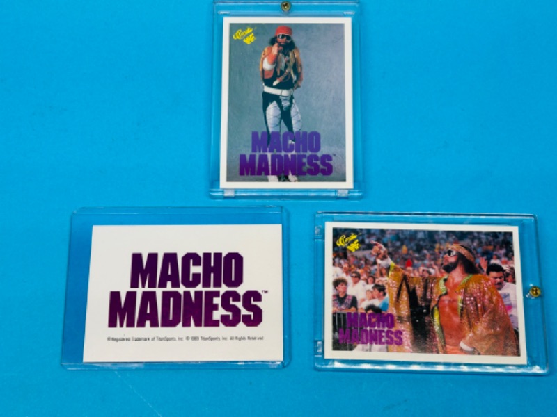 Photo 1 of 686465…3 classic Macho Man WWF cards in hard plastic cases