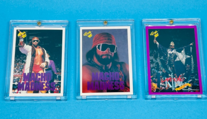 Photo 1 of 686466…. 3 classic Macho Man WWF cards in hard plastic cases