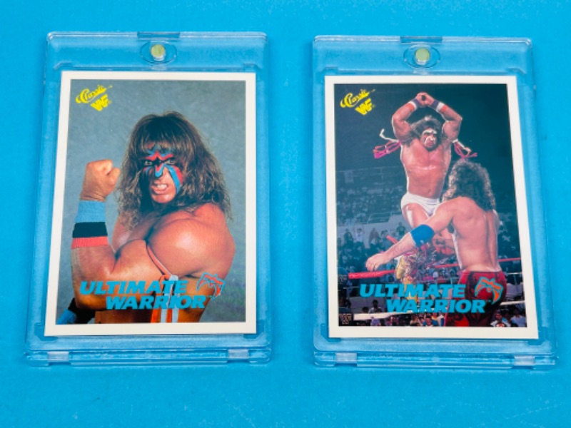 Photo 1 of 686470… 2 classic Ultimate Warrior WWF cards in hard plastic cases