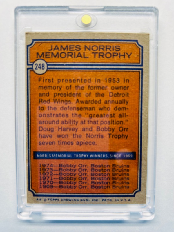 Photo 2 of 686560…1973 Bobby Orr James Norris Memorial trophy card 248 in hard plastic case