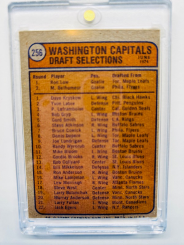 Photo 2 of 686573…1974 Washington Capitals draft selections card 256 in hard plastic case