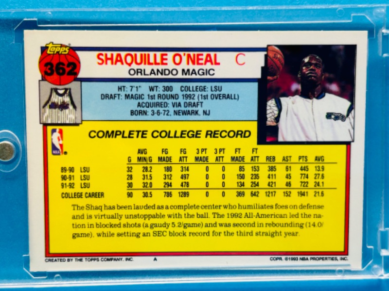 Photo 2 of 686584…topps Shaquille O’Neal rookie card 362 in hard plastic case