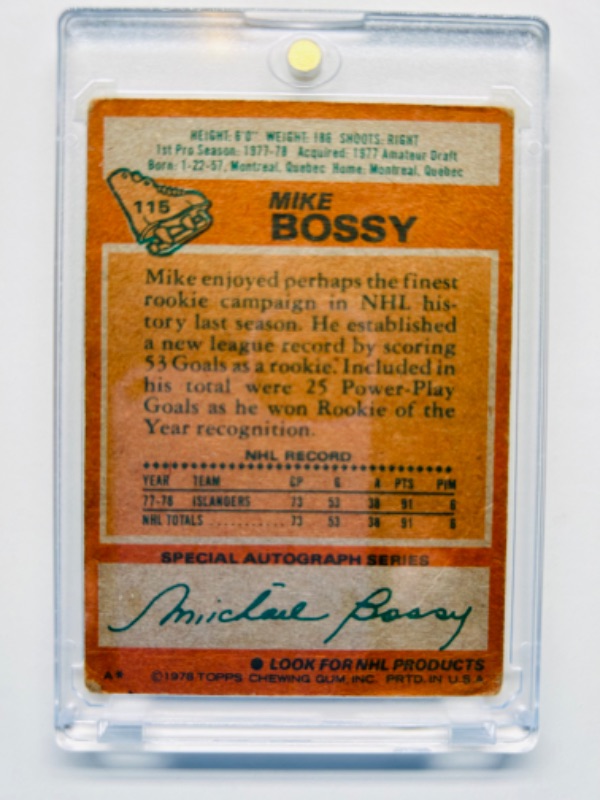 Photo 2 of 686589…1978 rookie Mike Bossy hockey card 115 in hard plastic case 