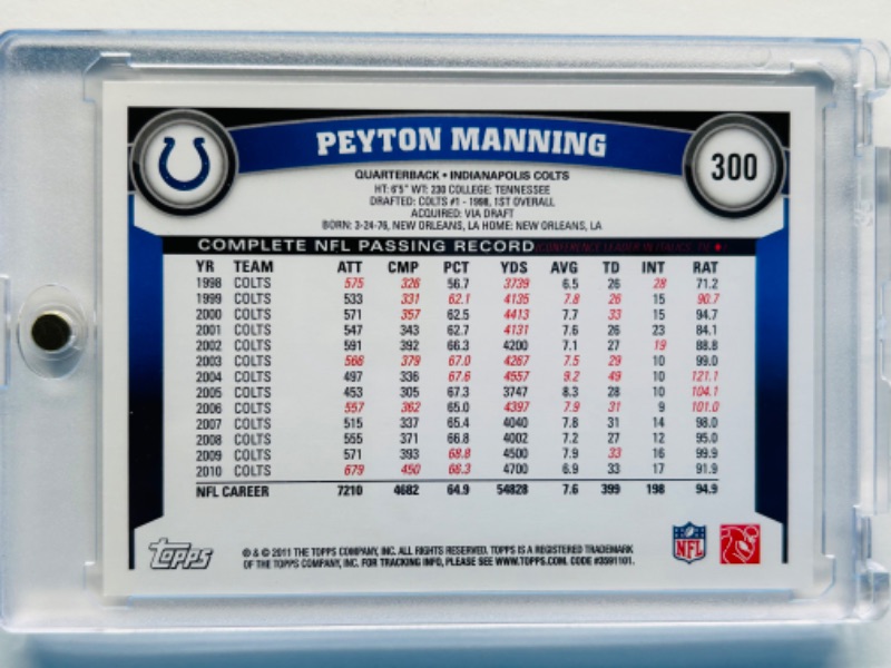 Photo 2 of 686630…topps Peyton Manning card 300 in hard plastic case