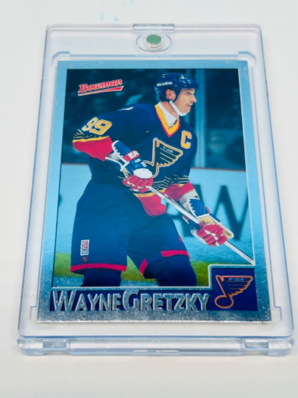 Photo 1 of 686636…Bowman’s chrome Wayne Gretzky card 1 in hard plastic case