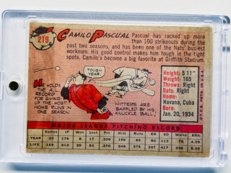 Photo 2 of 686643…1958 Camilo Pascual card 219  in hard plastic case