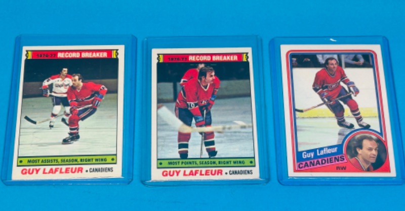 Photo 1 of 686705…3 vintage Guy Lafleur hockey cards in hard plastic sleeves 