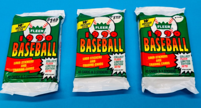 Photo 1 of 686735… 3 sealed Fleer 1990 baseball card packs 43 cards and 3 stickers in each