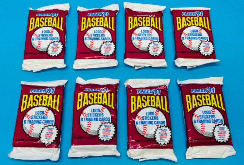 Photo 1 of 686737…8 sealed Fleer baseball card packs 30 cards and 3 stickers in each