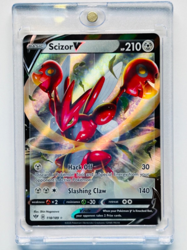 Photo 1 of 686842…Pokémon Scizor V holo card 118/189 in hard plastic case 