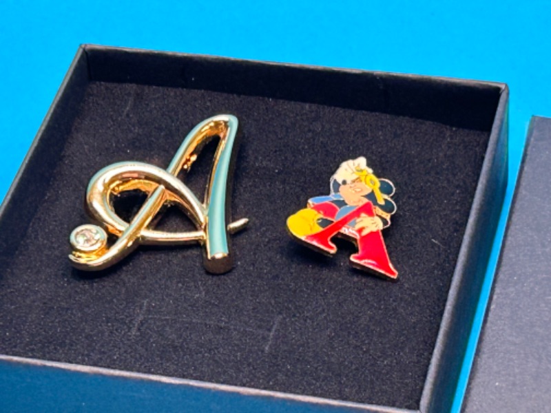 Photo 1 of 686888…2 initial A pins -one Disney one Monet in gift box 