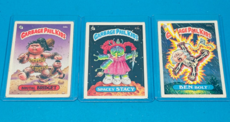 Photo 1 of 686931… 3 vintage 1985-86 garbage pail kids sticker cards in hard plastic sleeves 