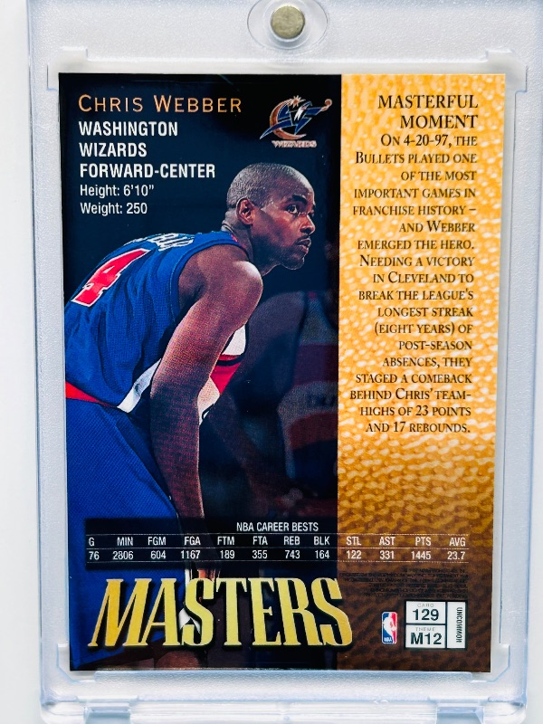 Photo 3 of 686987…topps finest Masters Chris Webber card with protective coating in hard plastic case