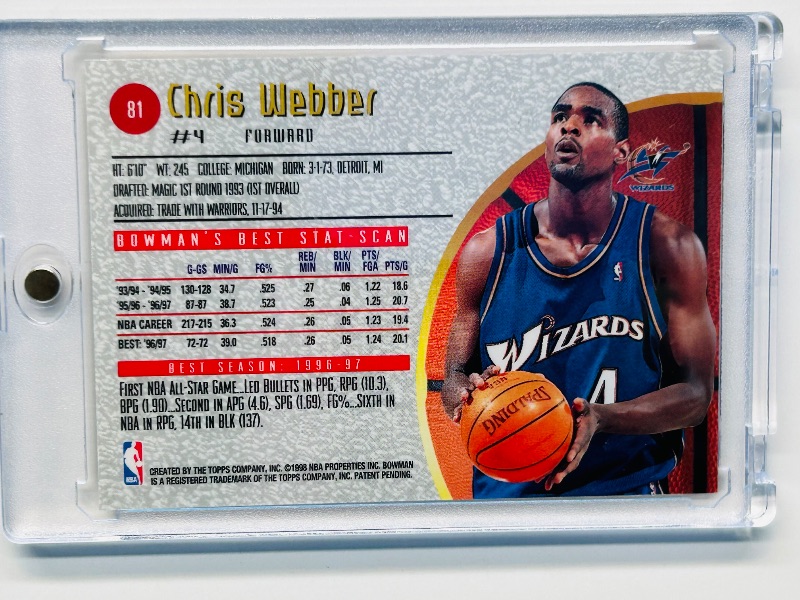 Photo 3 of 686988…bowman’s best chrome Chris Webber card81 in hard plastic case 