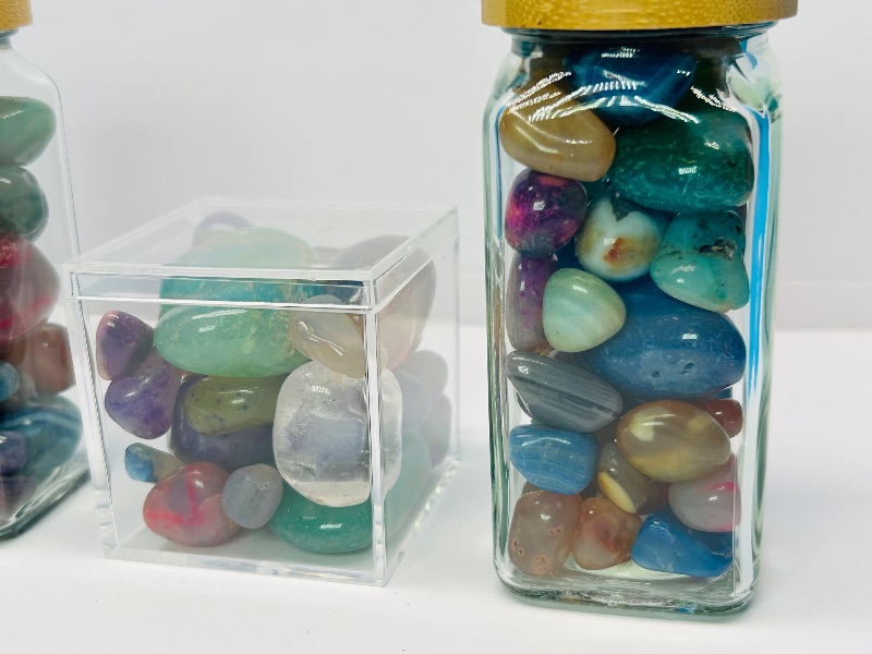 Photo 2 of 687038….small polished rocks in displays -4.5” bottles