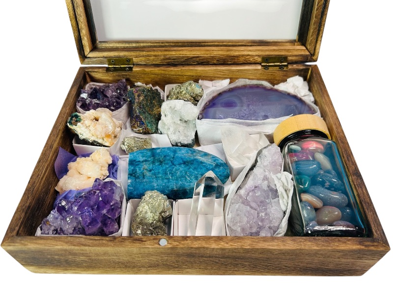 Photo 1 of 687086…rock and geode collection in wood box- amethyst, crystal, agate, stilbite, pyrite Fools gold) and polished