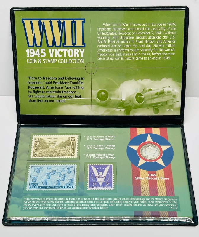 Photo 1 of 687328…WWII 1945 Victory coin and stamp collection-silver mercury dime