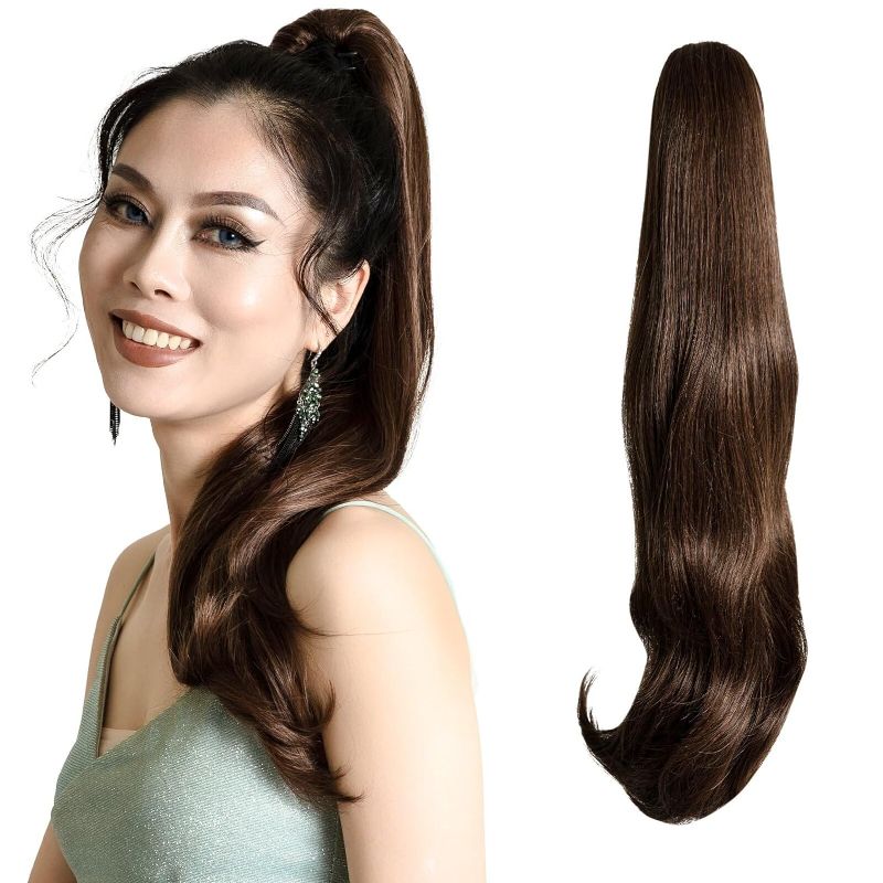 Photo 1 of JNALLY Ponytail Extension,Brown Ponytail Extensions Claw Clip in Ponytail Hair Extension 22" Wavy Straight Pony Tails Synthetic for Women
