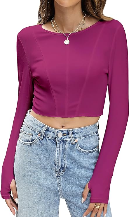 Photo 1 of ASYWISH Womens Going Out Long Sleeve Crop Shirts Y2k Tight Fall Cropped Bodycon Tshirt Women Trendy Fitted Tops Red Medium
