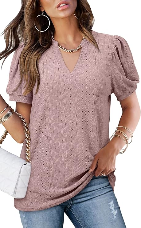 Photo 1 of ANGGREK Womens Summer Tops Puff Sleeve Eyelet Notch V Neck Casual Hollow Out T Shirts- SIZE  S 
