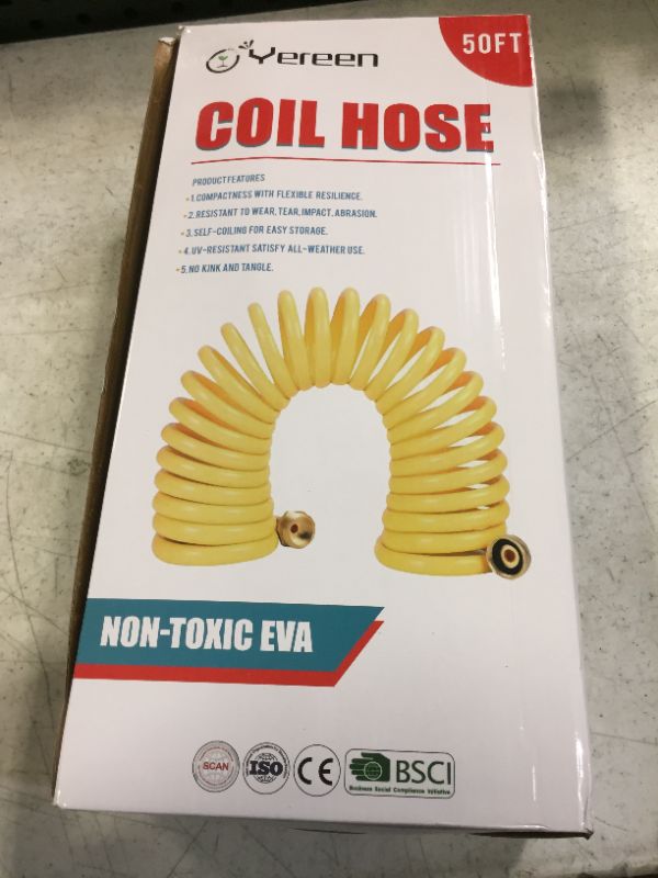 Photo 2 of Yereen Coil Garden Hose 50FT, EVA Recoil Garden Hose, Self-coiling Water Hose with 3/4" Brass Connector Fittings with 8 Function Spray Nozzle, Creamy Yellow 50FT Creamy Yellow